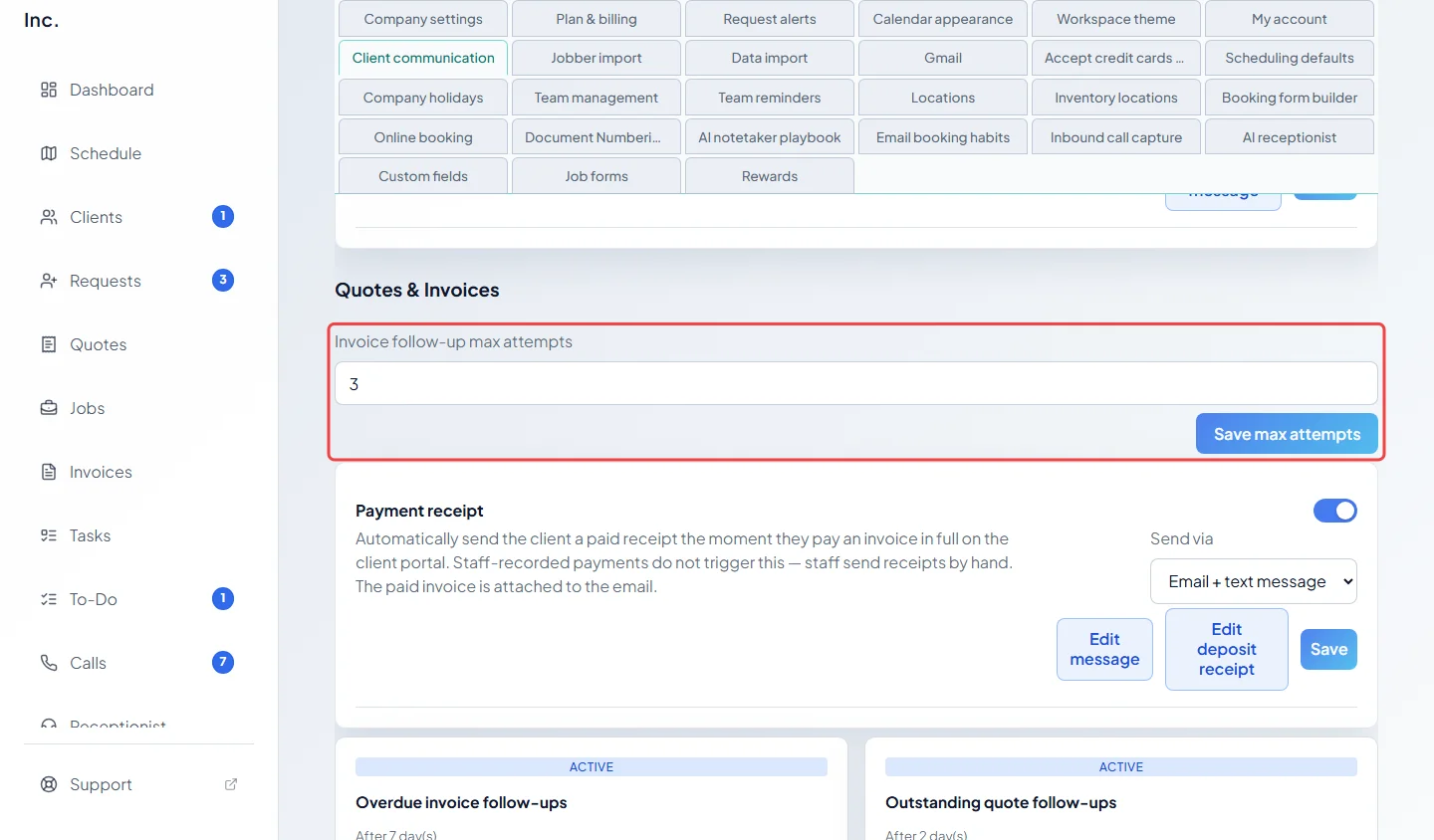 The Invoice follow-up max attempts box and its save button