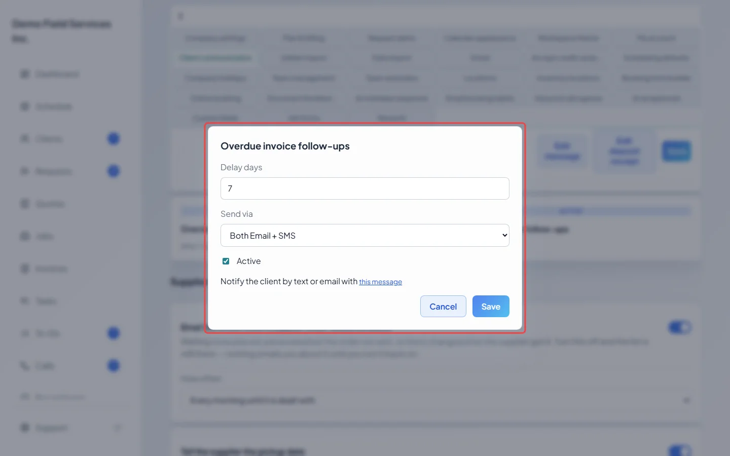 The overdue invoice follow-ups window with delay, channel and Active