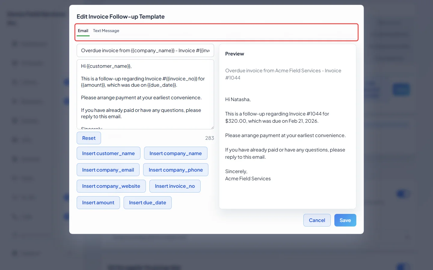 The Edit Invoice Follow-up Template window