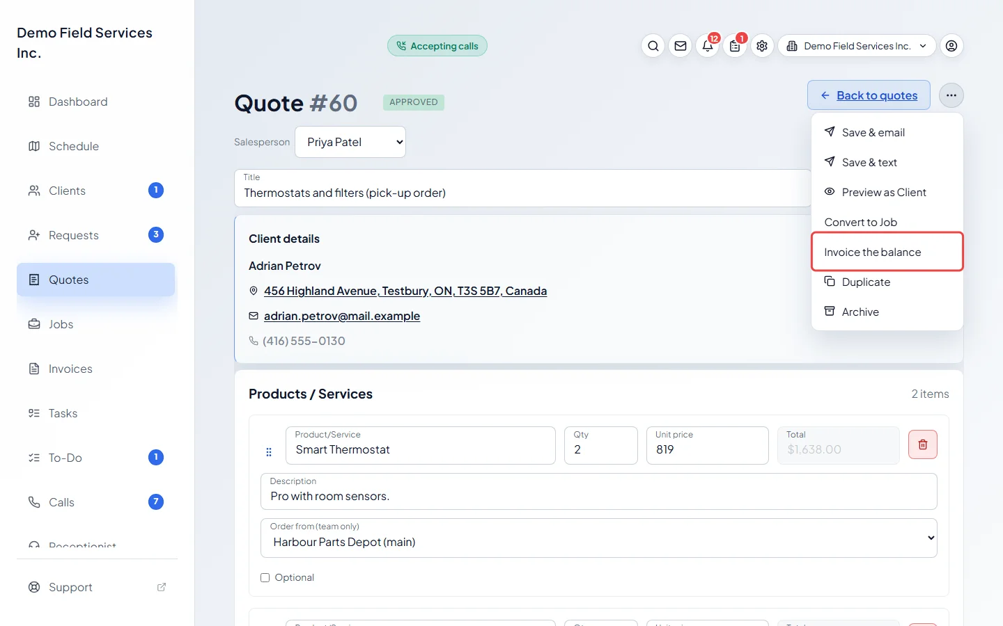 The actions menu on a quote with Invoice the balance highlighted