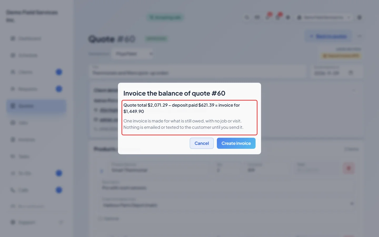 The Invoice the balance window showing the quote total, deposit and invoice amount