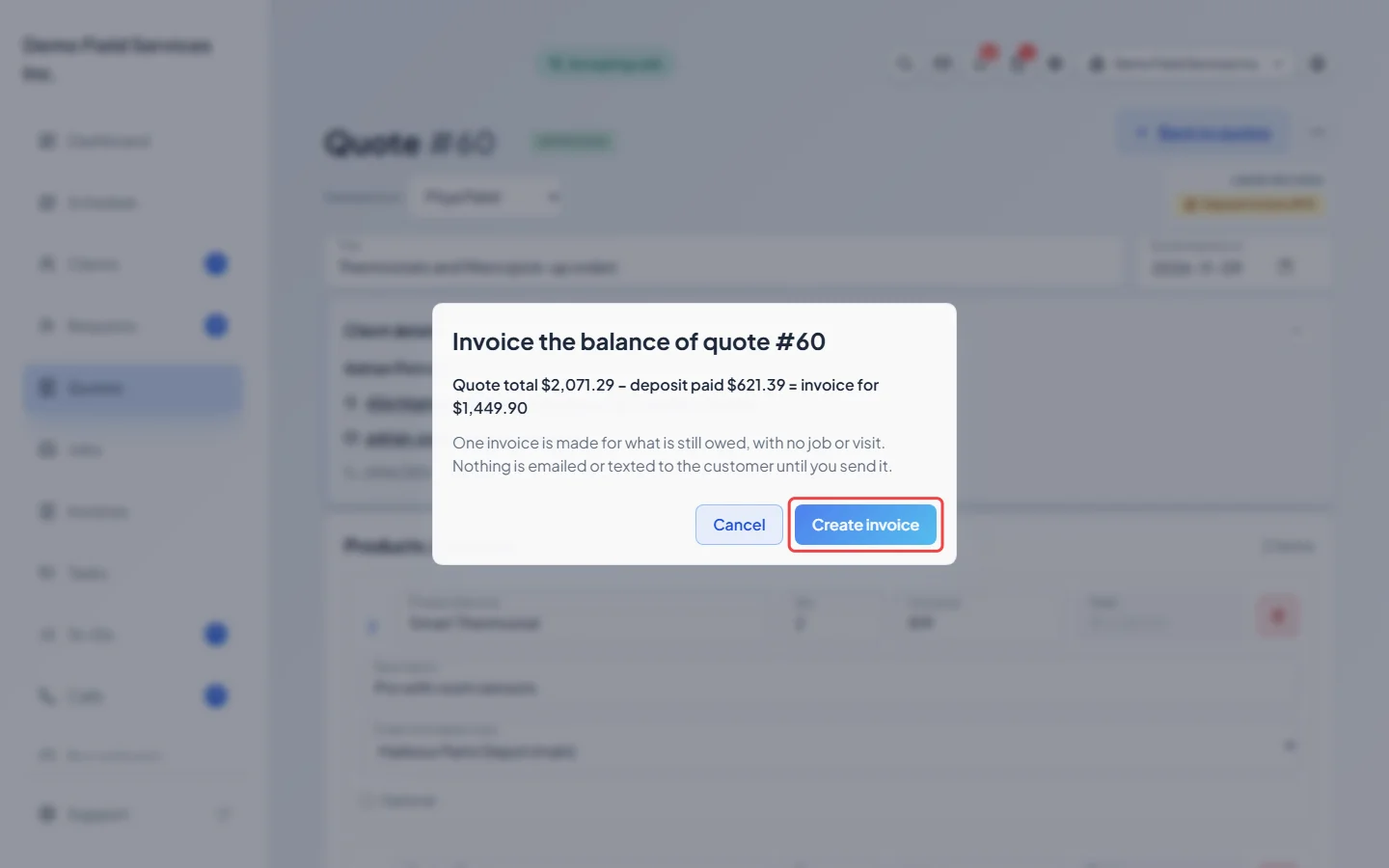 The Create invoice button in the Invoice the balance window