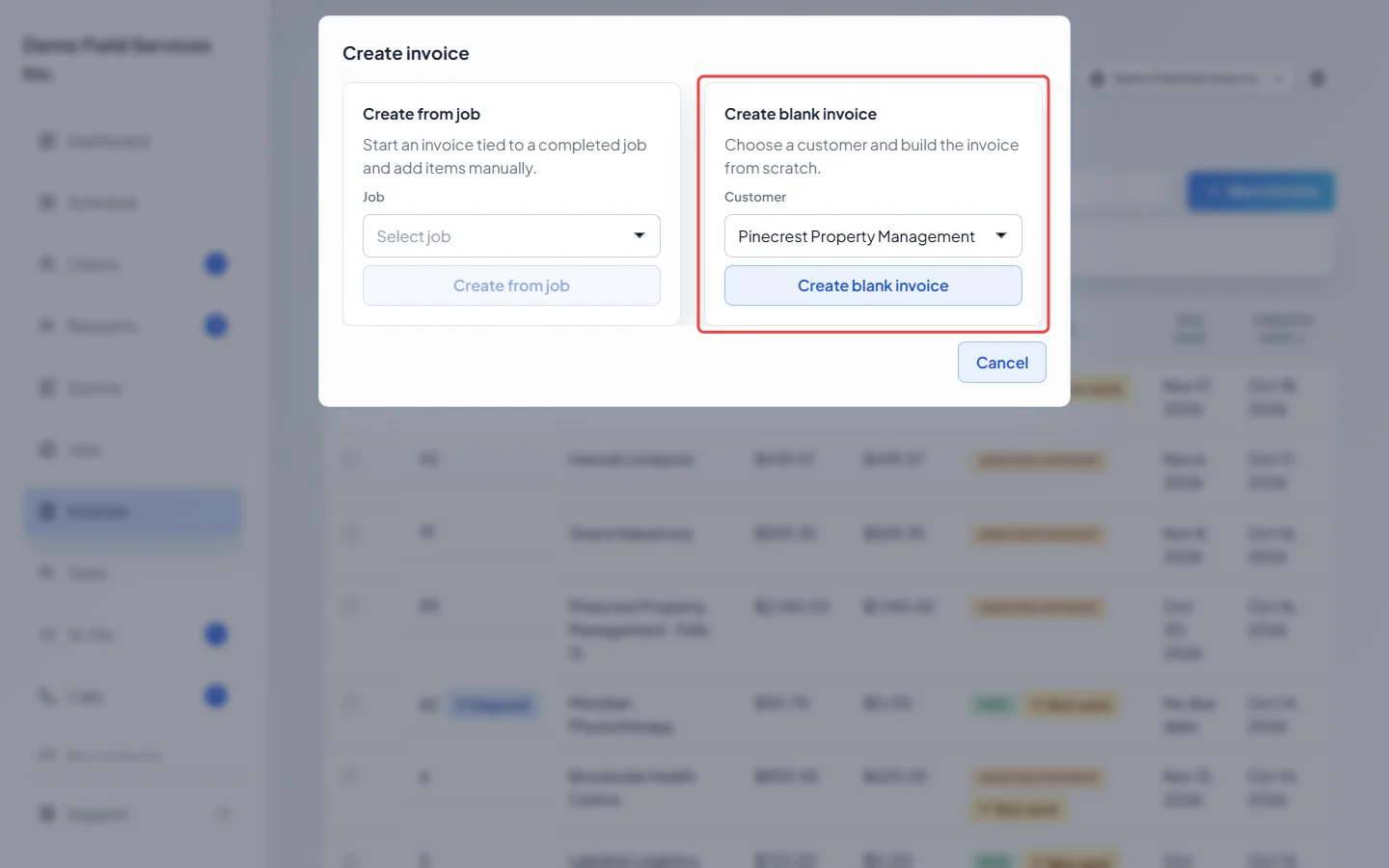 The Create invoice window with a client picked under Create blank invoice