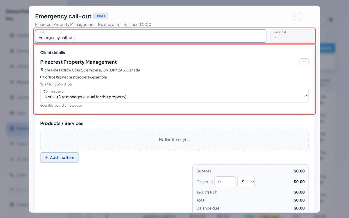 A new invoice with a title typed and the client's details below it