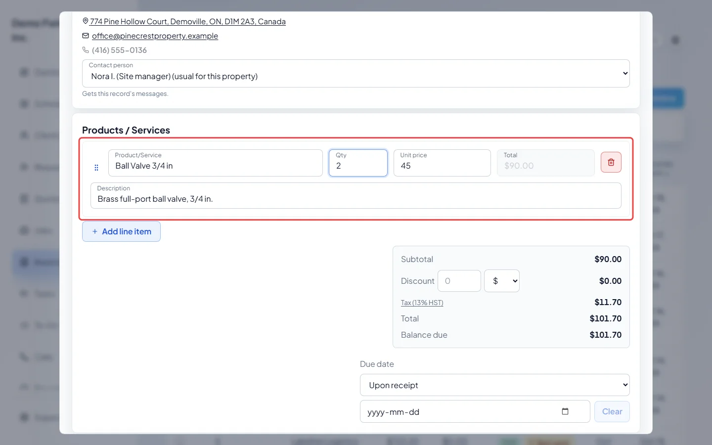 A line item with a product, quantity, unit price and total