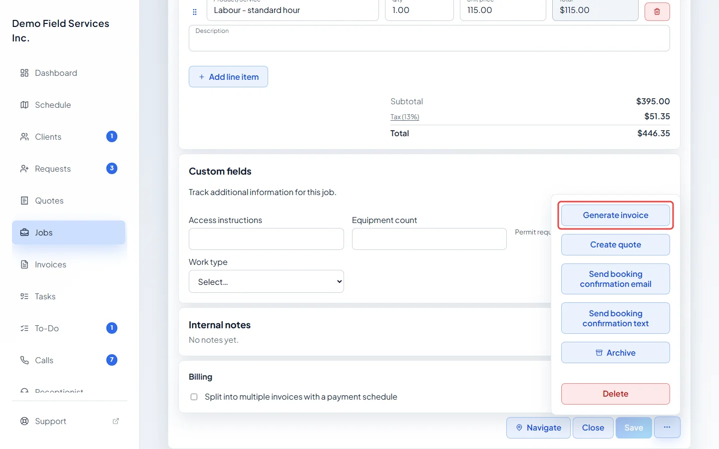 The More actions menu on a job with Generate invoice highlighted