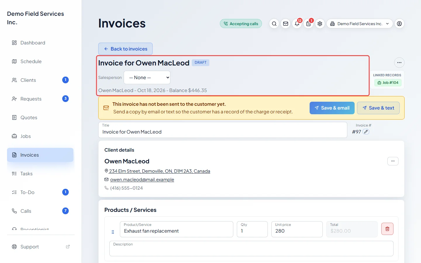 The new draft invoice made from the job, with its title and Draft tag
