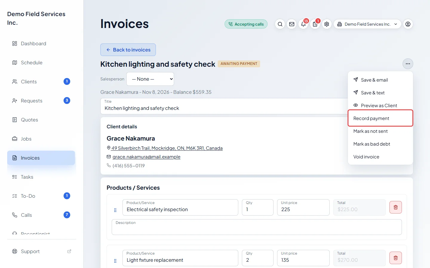The actions menu on an invoice with Record payment highlighted