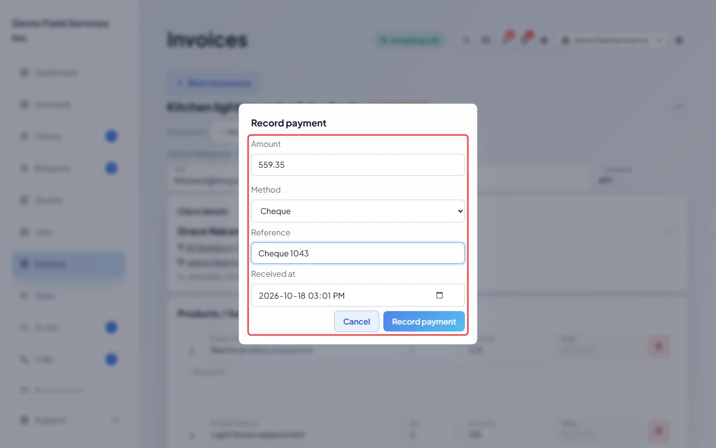 The Record payment window with an amount, method and reference filled in