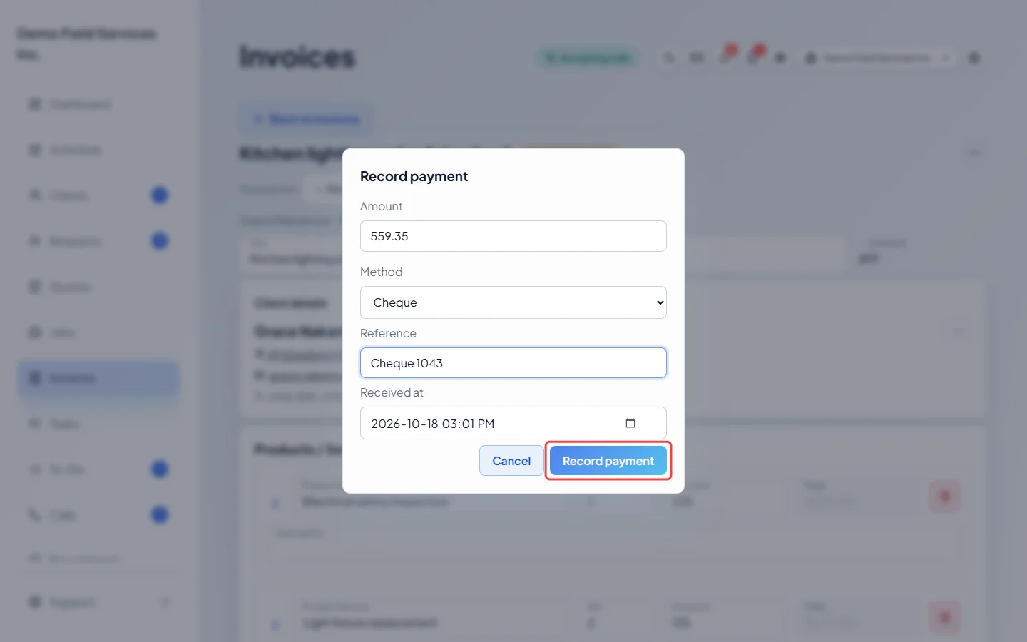 The Record payment button in the payment window