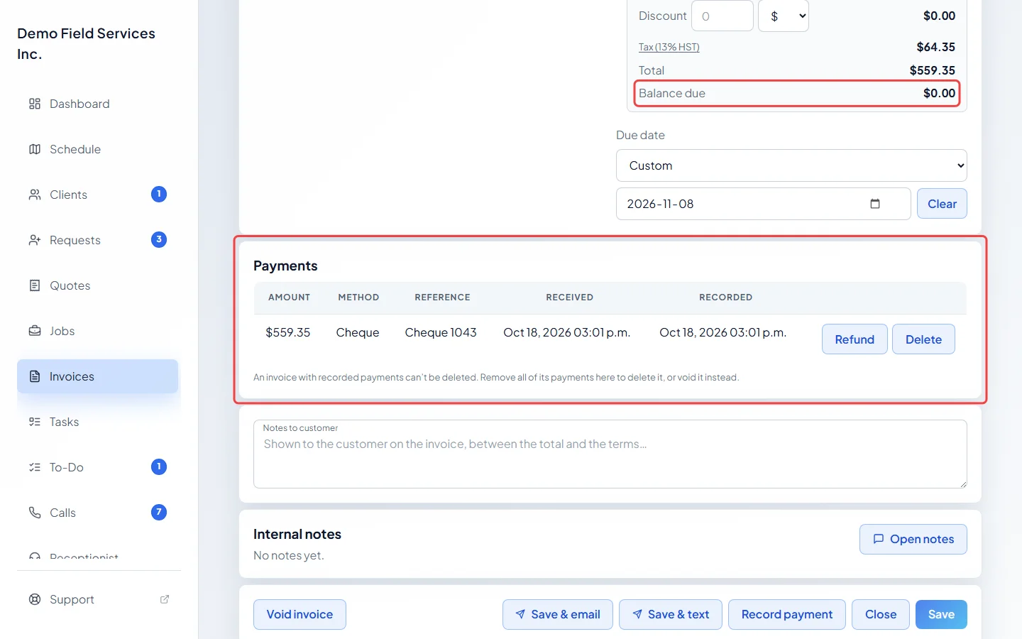 The Payments list with the new cheque payment and nothing left owing