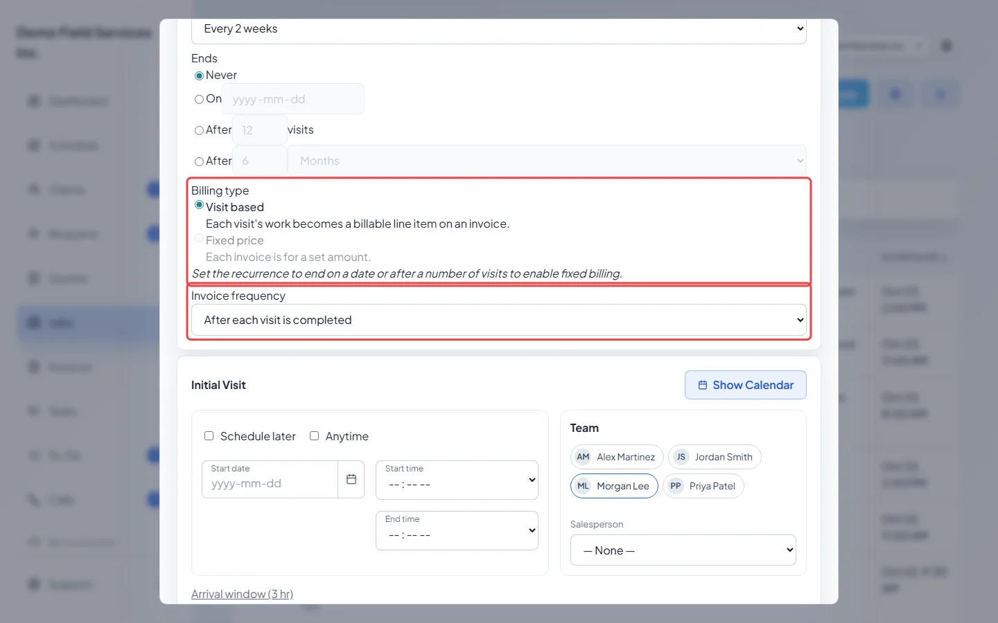 The Billing type and Invoice frequency settings on a recurring job