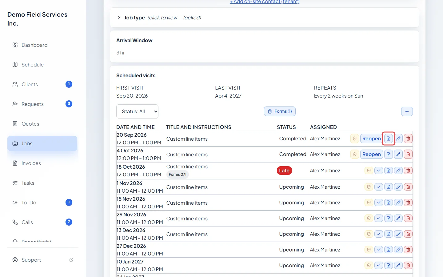 A visit on a recurring job with its invoice button highlighted