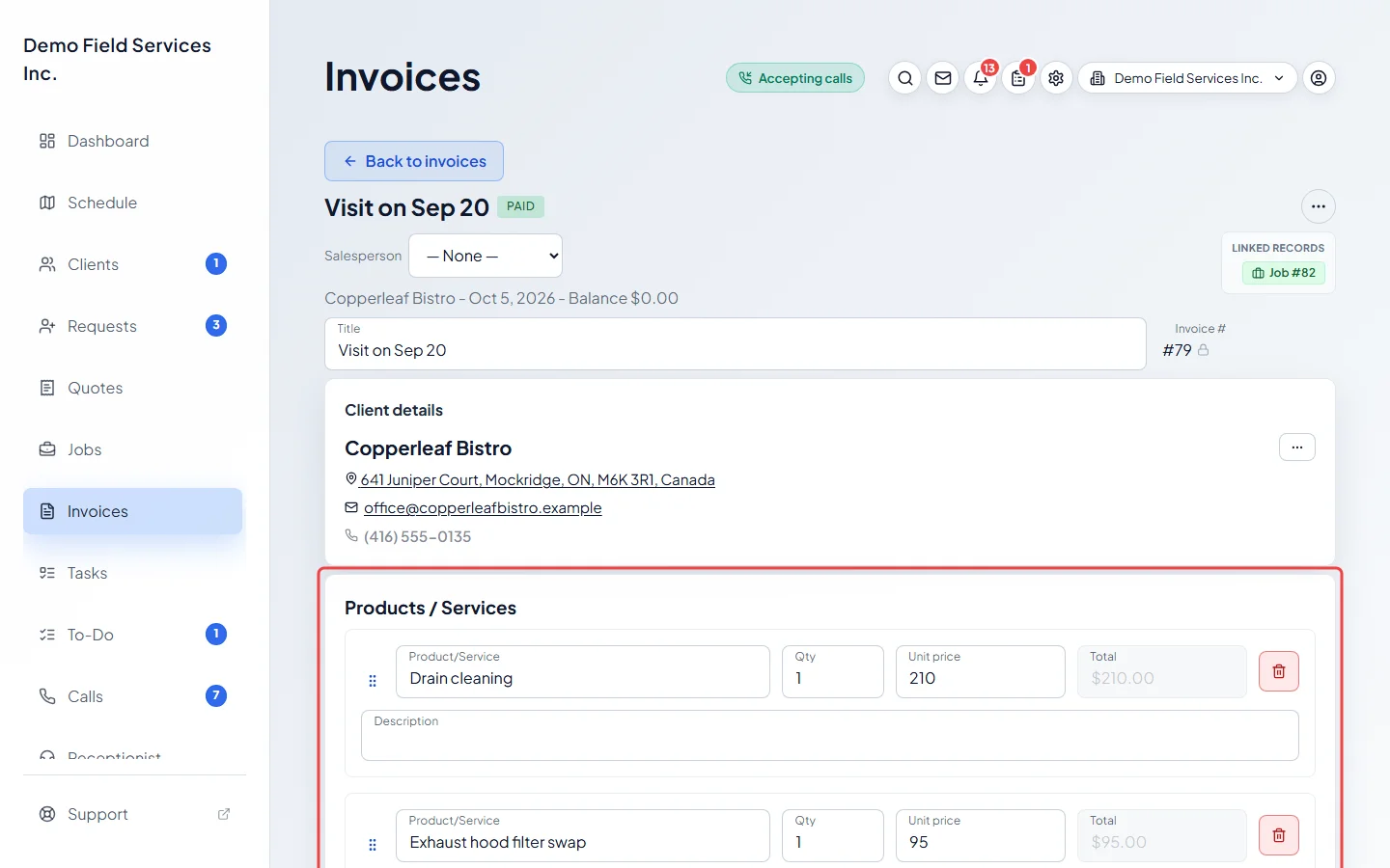 An invoice made from one visit of a recurring job