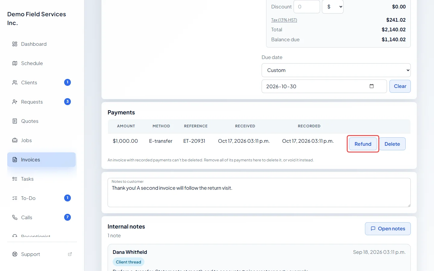 The Payments list on an invoice with the Refund button highlighted