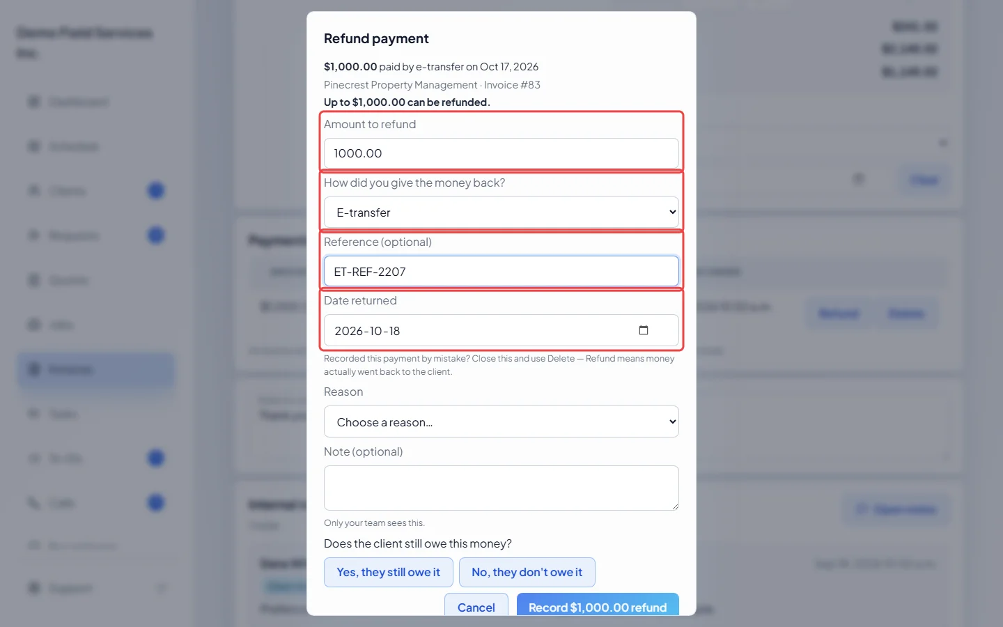 The Refund payment window with the amount and how the money went back