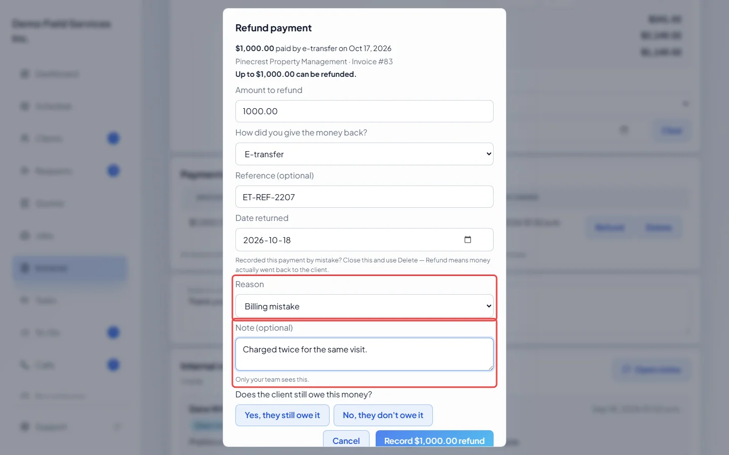 The Reason list and note in the Refund payment window