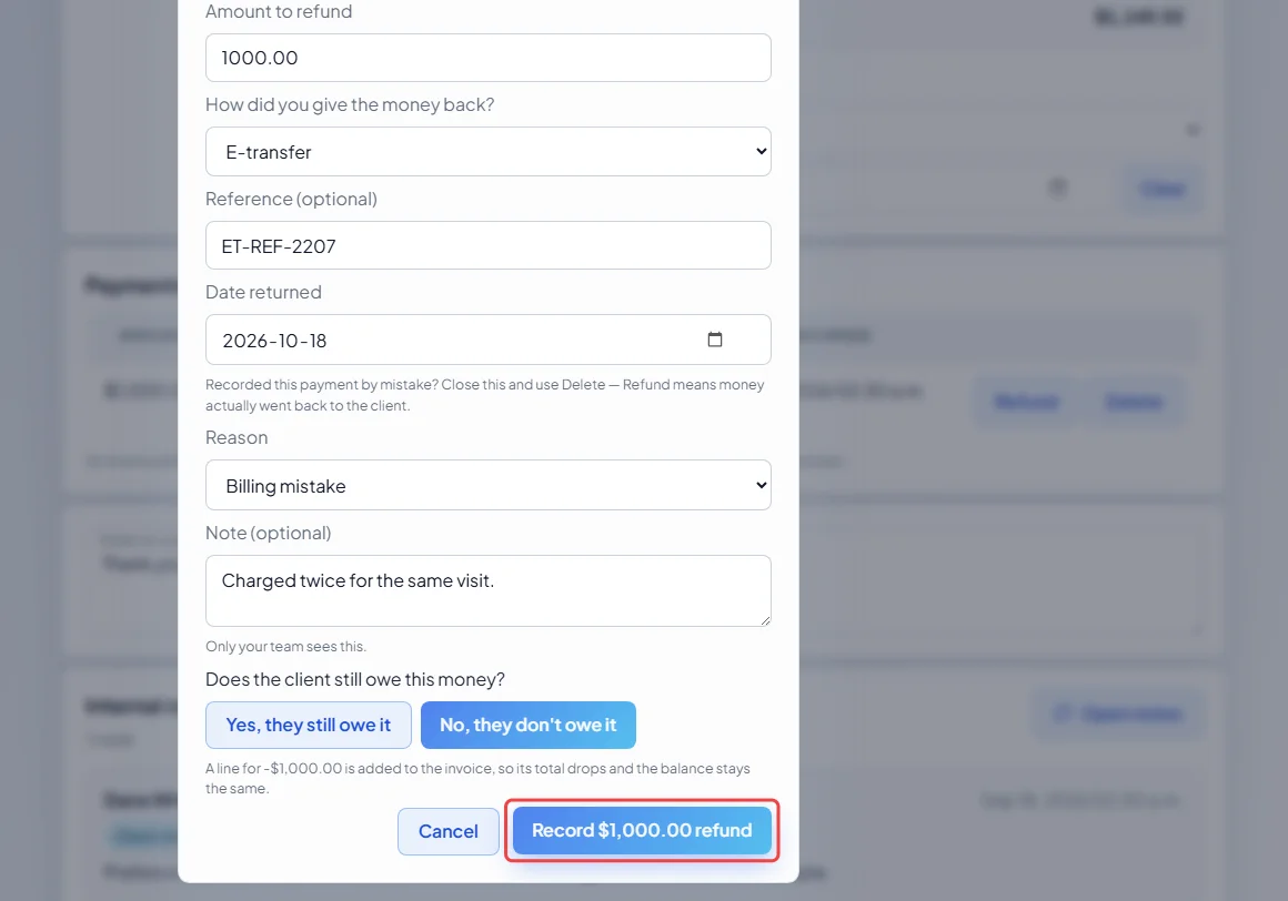 The button that records the refund
