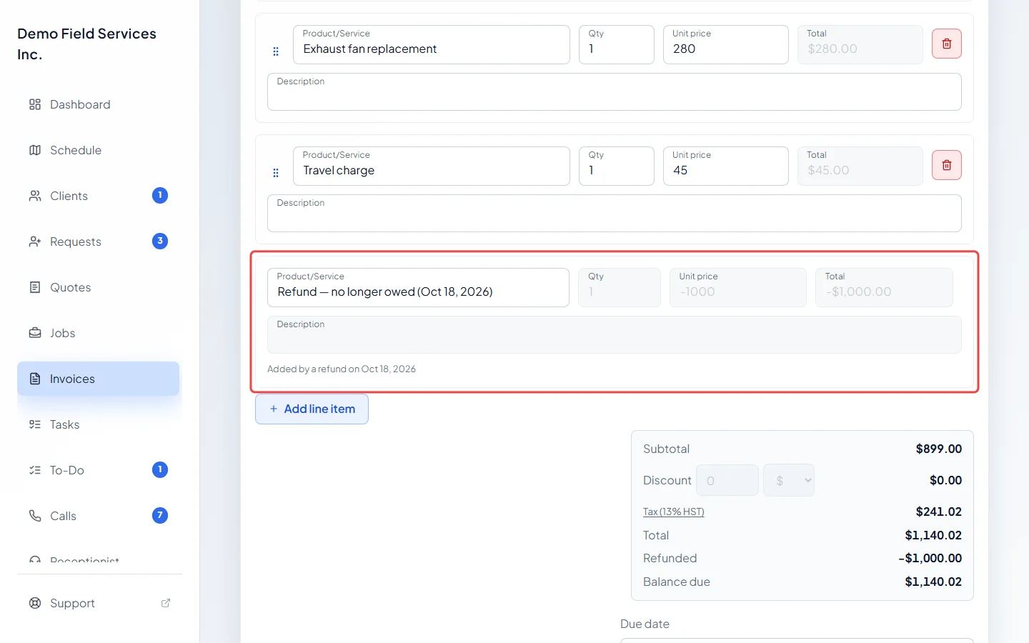 The Refund no longer owed line added to the invoice items