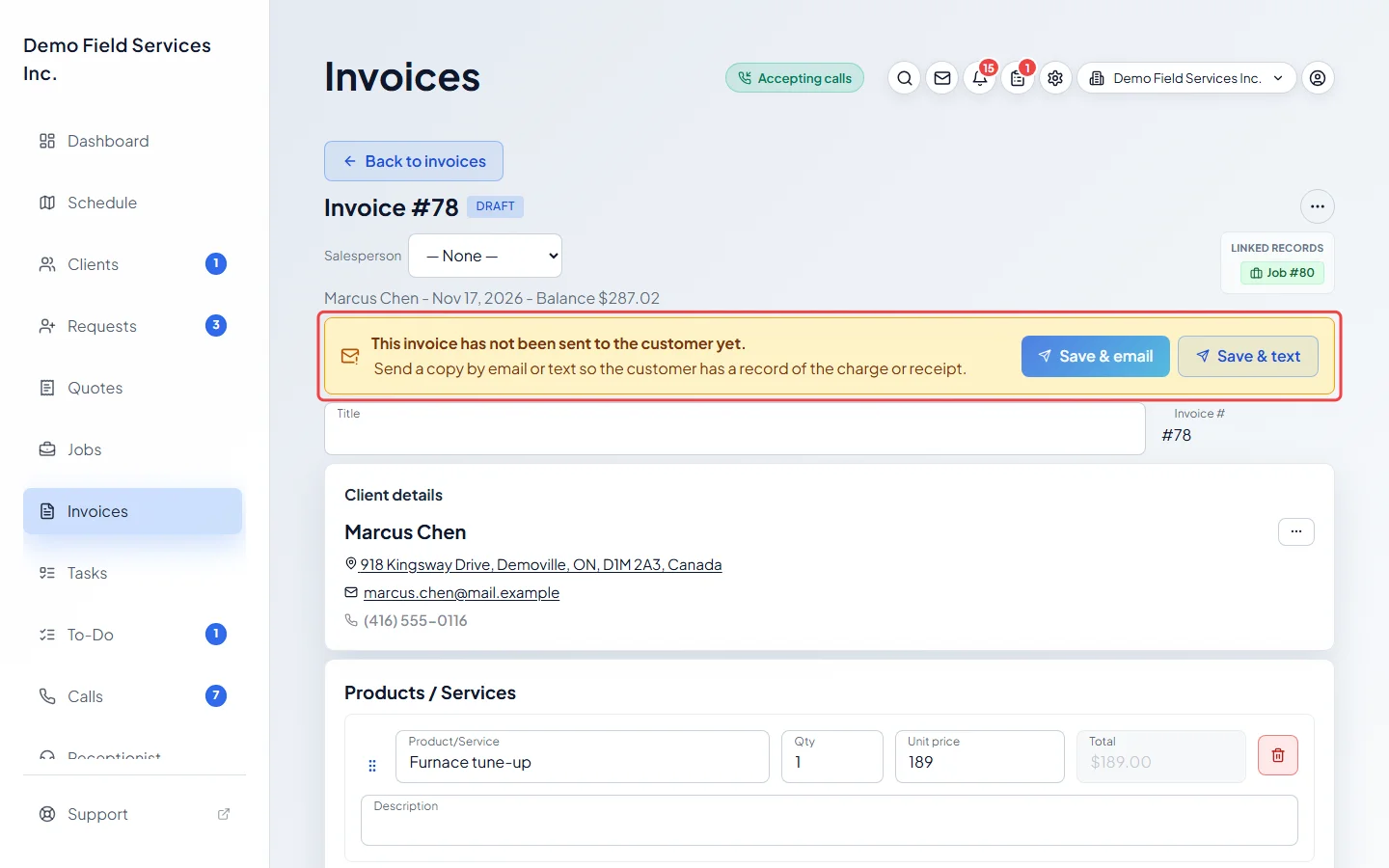 The not-sent banner at the top of a draft invoice