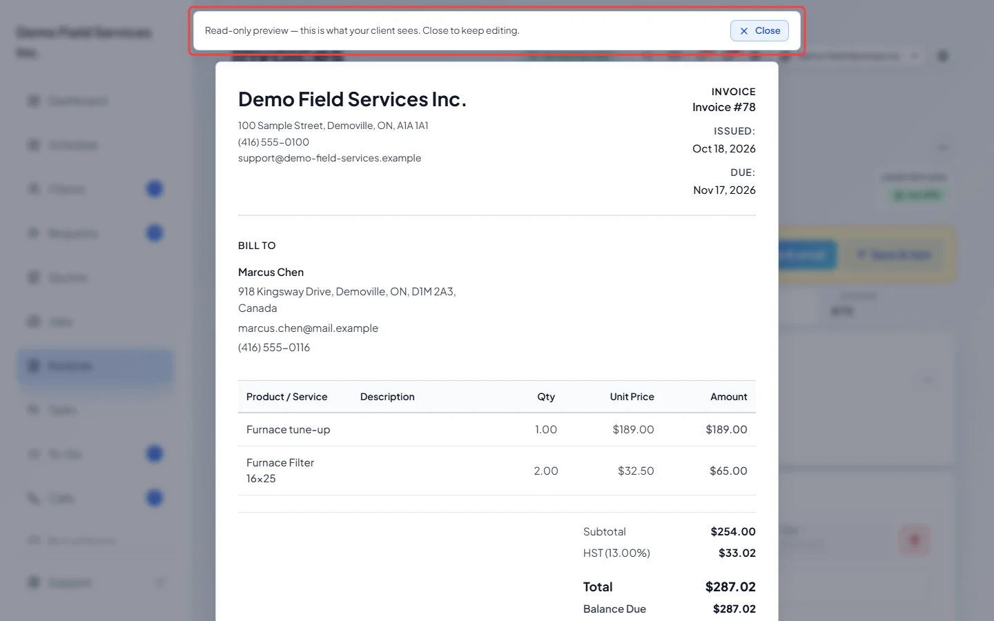 The read-only client preview of an invoice