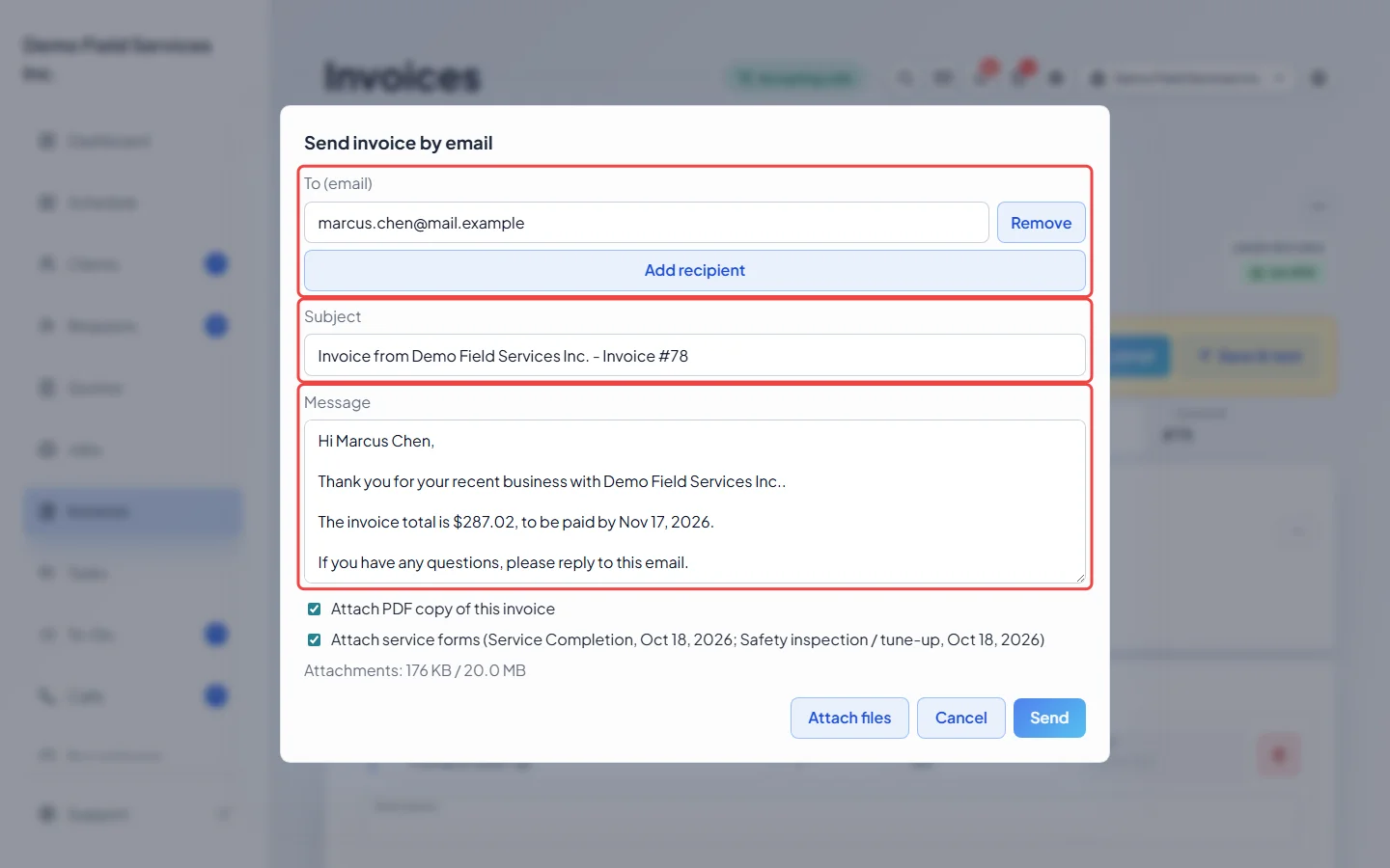 The Send invoice by email window with recipients, subject and message
