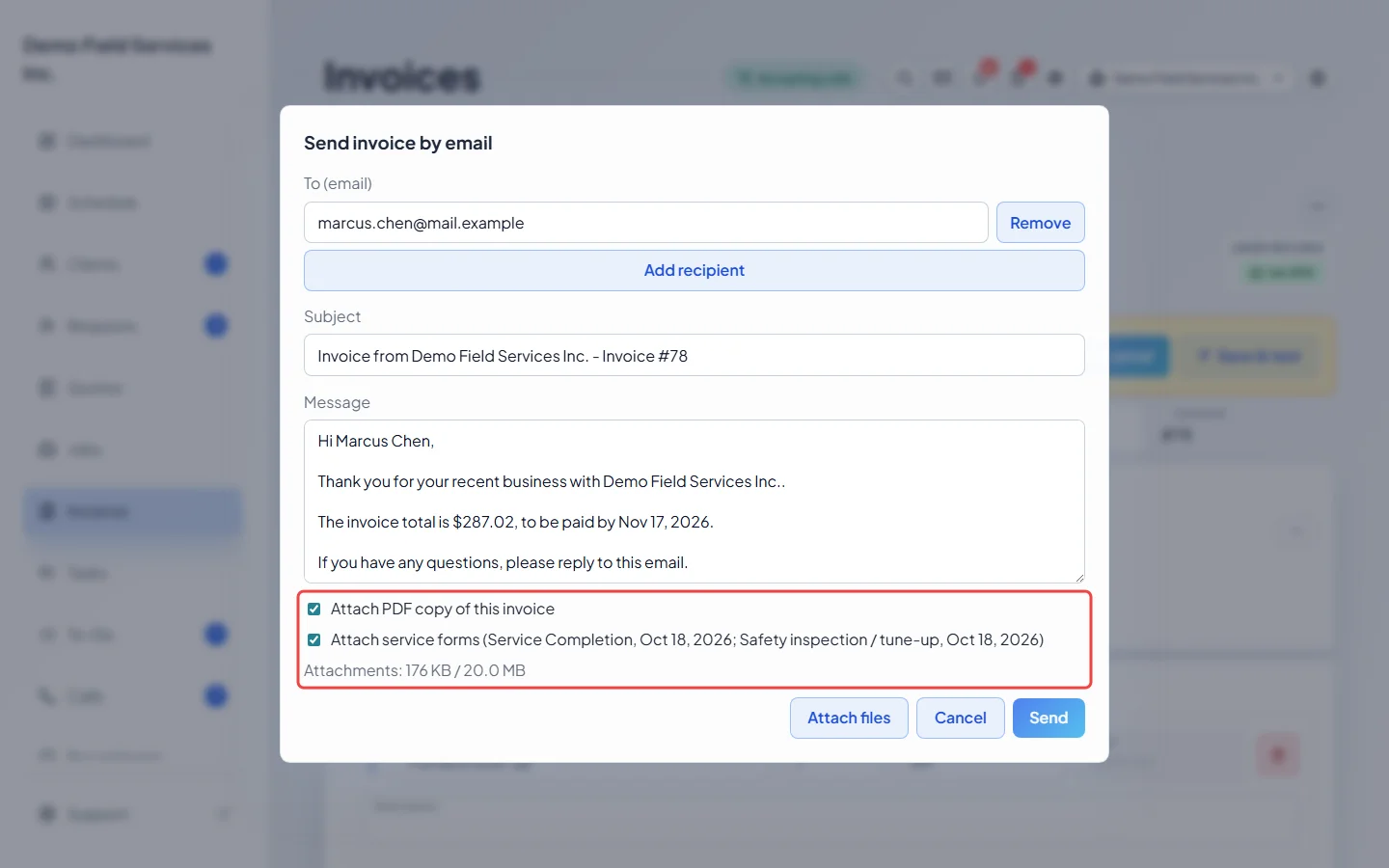 The attachment options in the email window