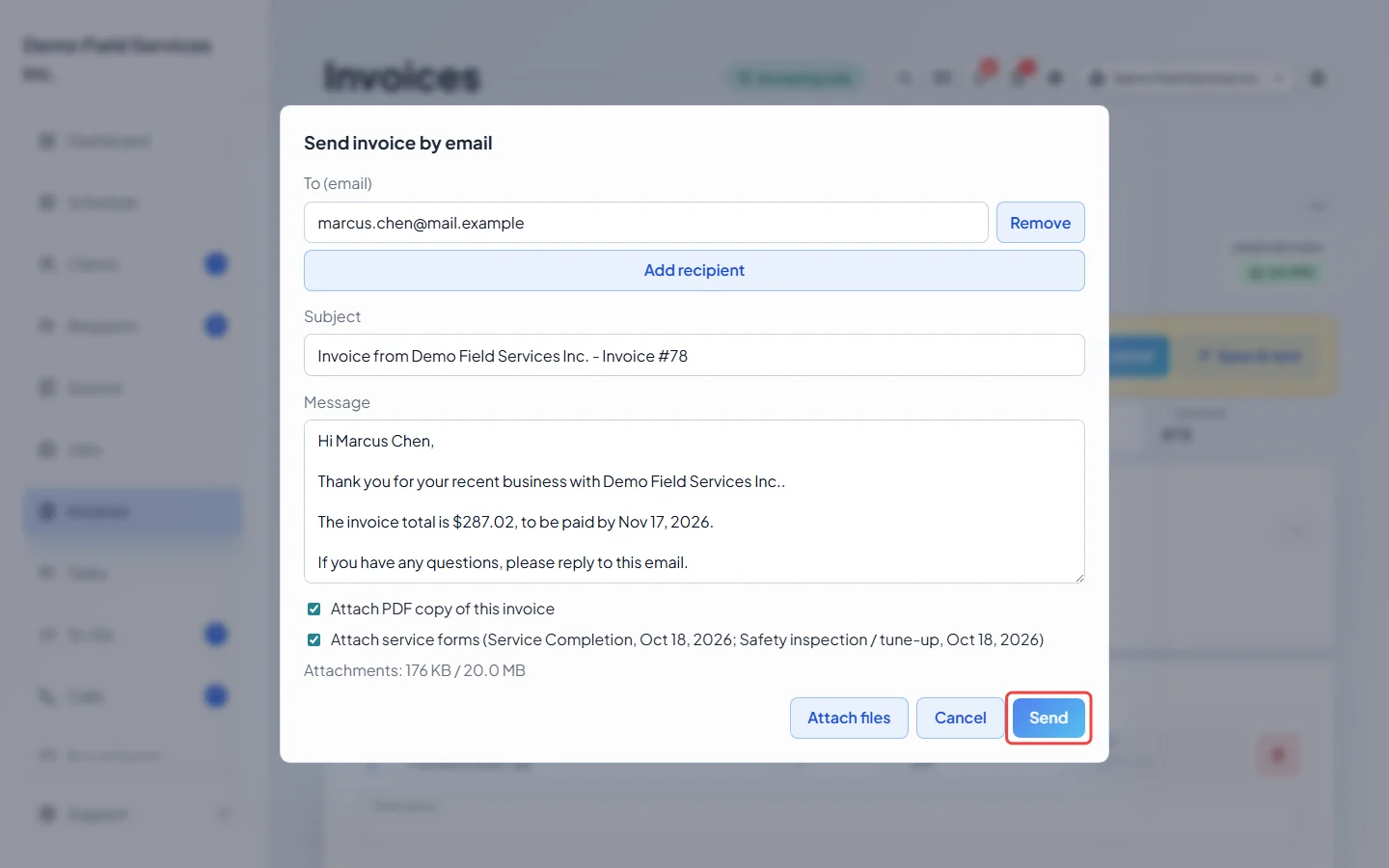 The Send button at the bottom of the email window