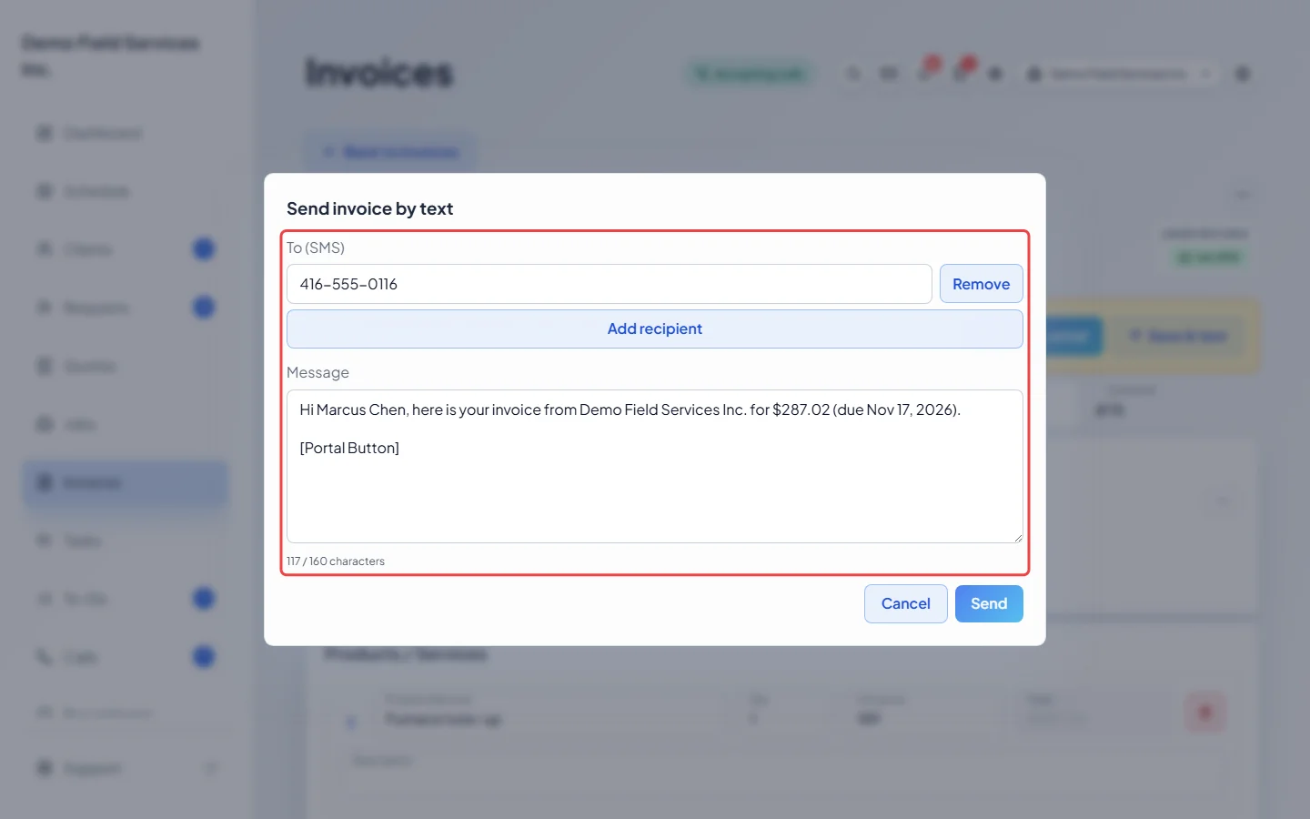 The Send invoice by text window