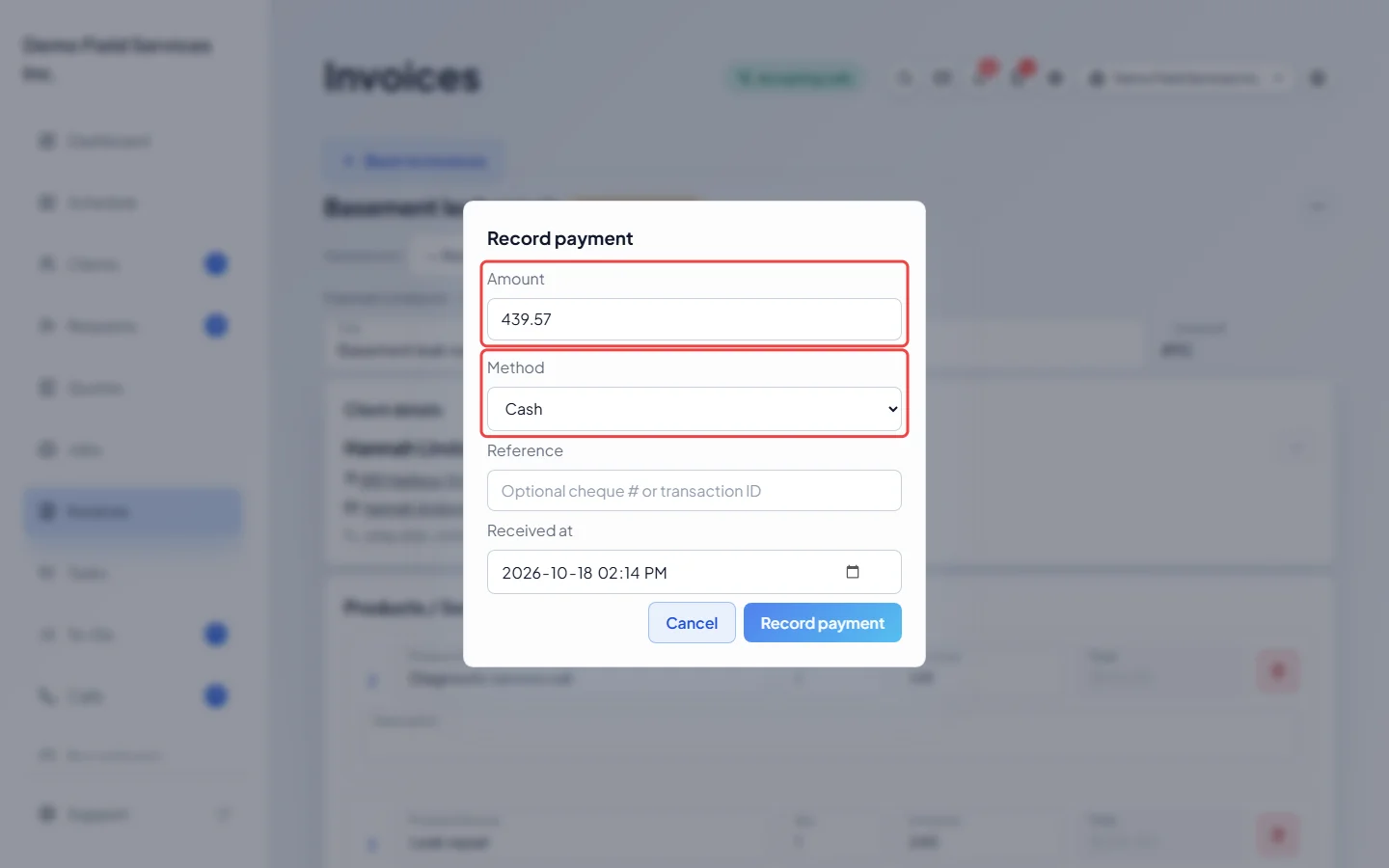 The Record payment window with the Amount box and the Method list highlighted