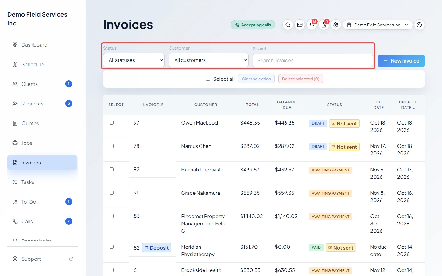 The invoices list with its filters and a page of invoices