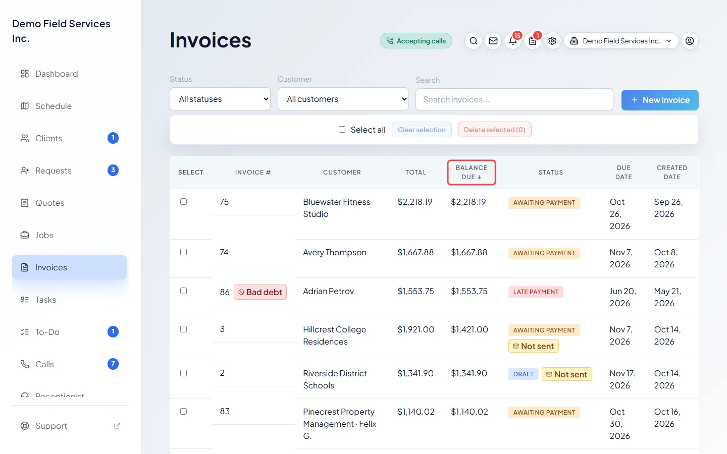The invoices list sorted by Balance Due, highest first