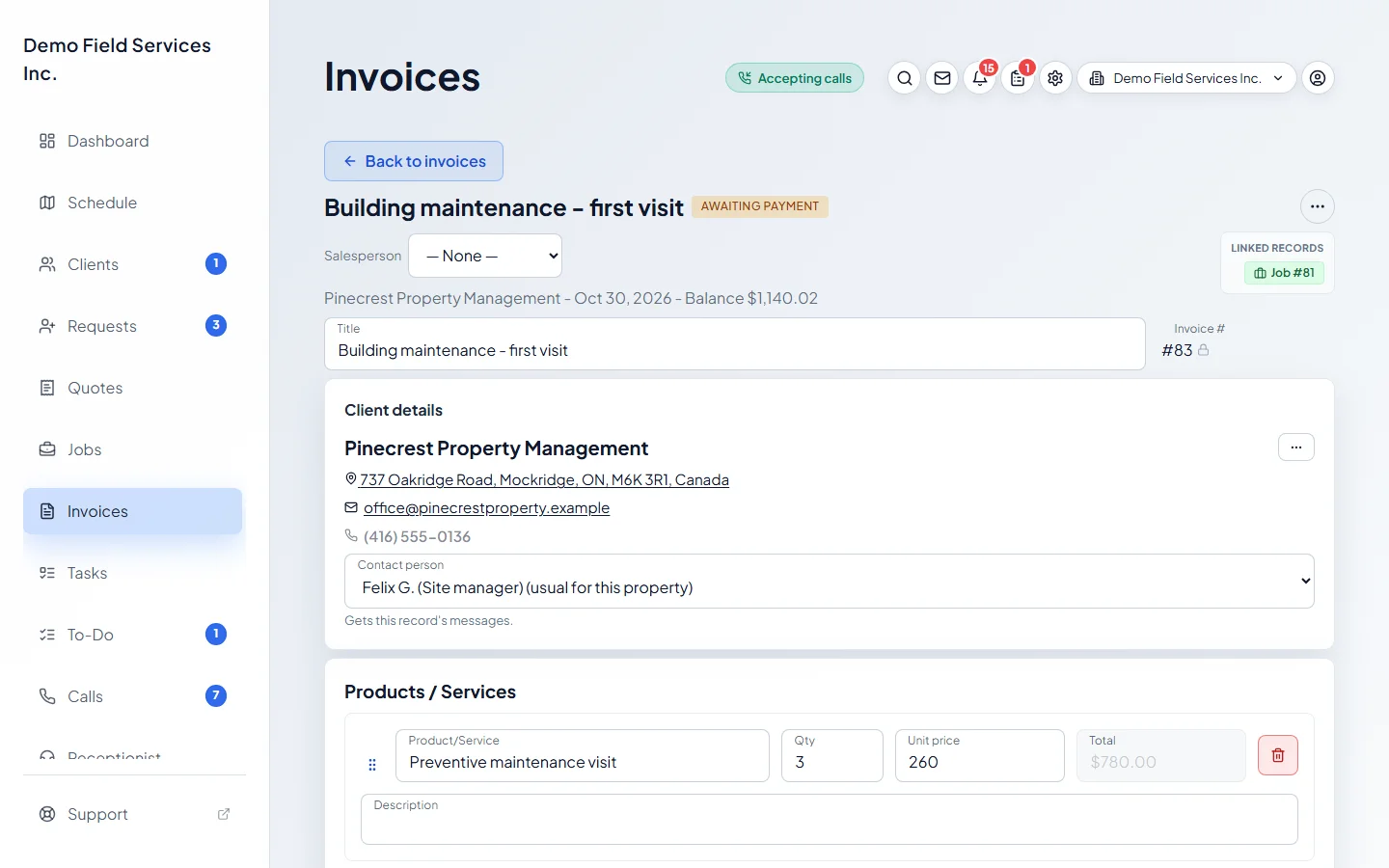 An open invoice with its client details and line items