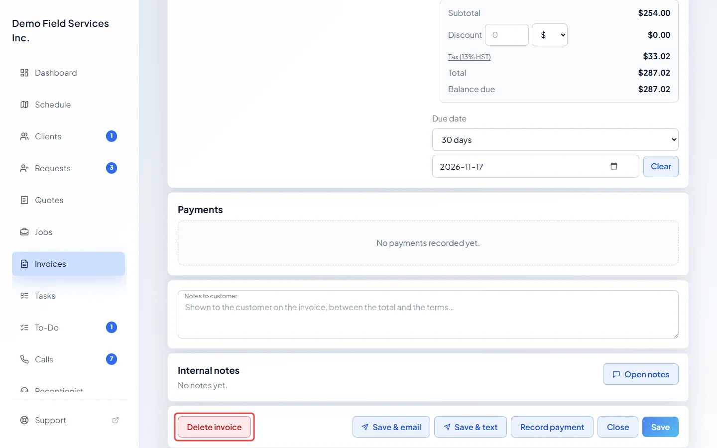 The Delete invoice button at the bottom of a draft invoice