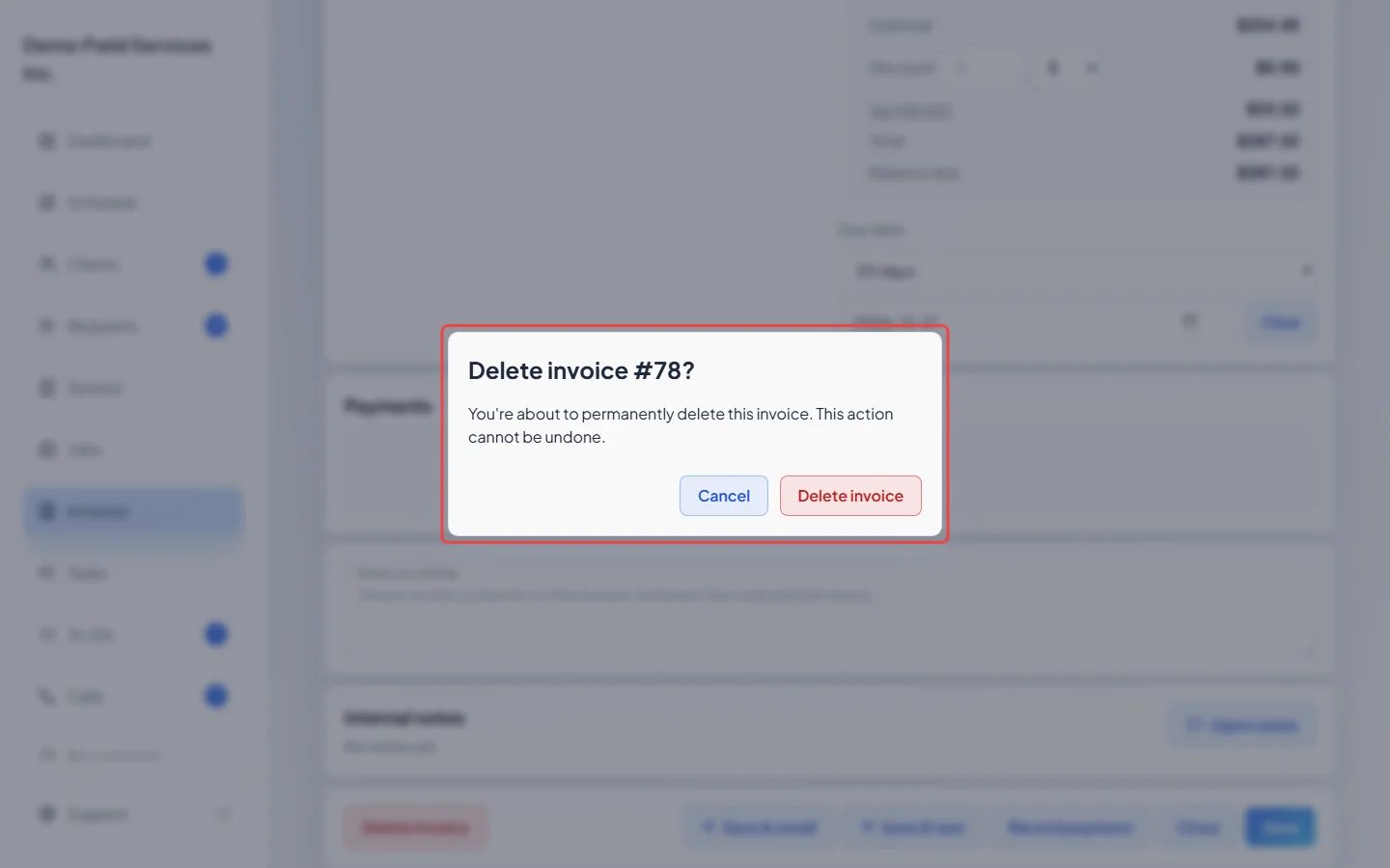 The delete confirmation window for a draft invoice
