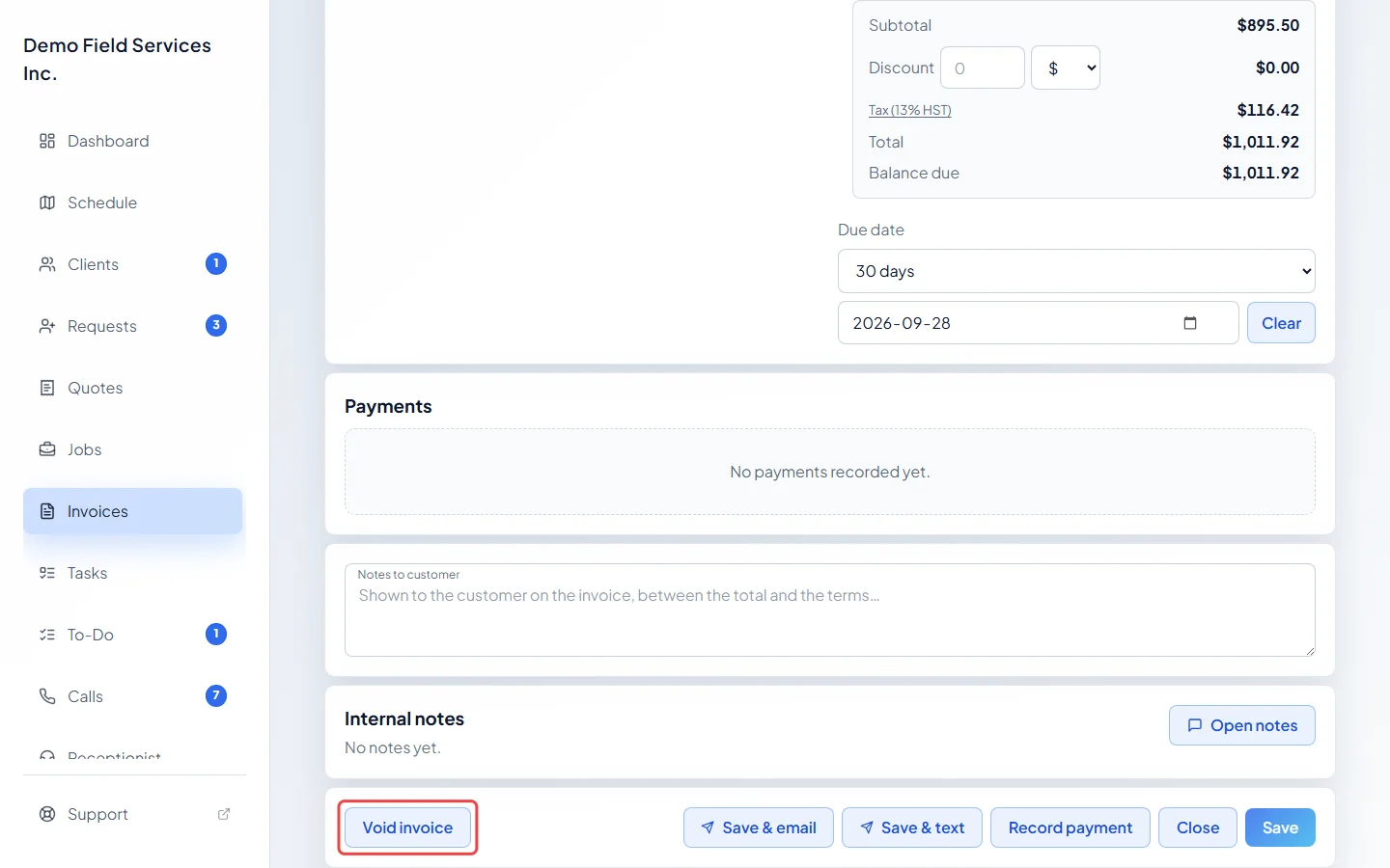 The Void invoice button at the bottom of a sent invoice