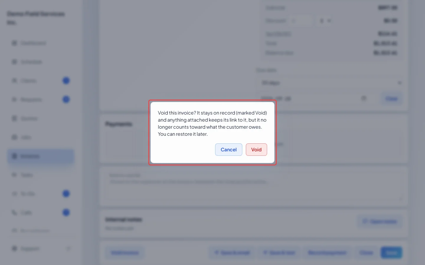 The confirmation asking whether to void the invoice