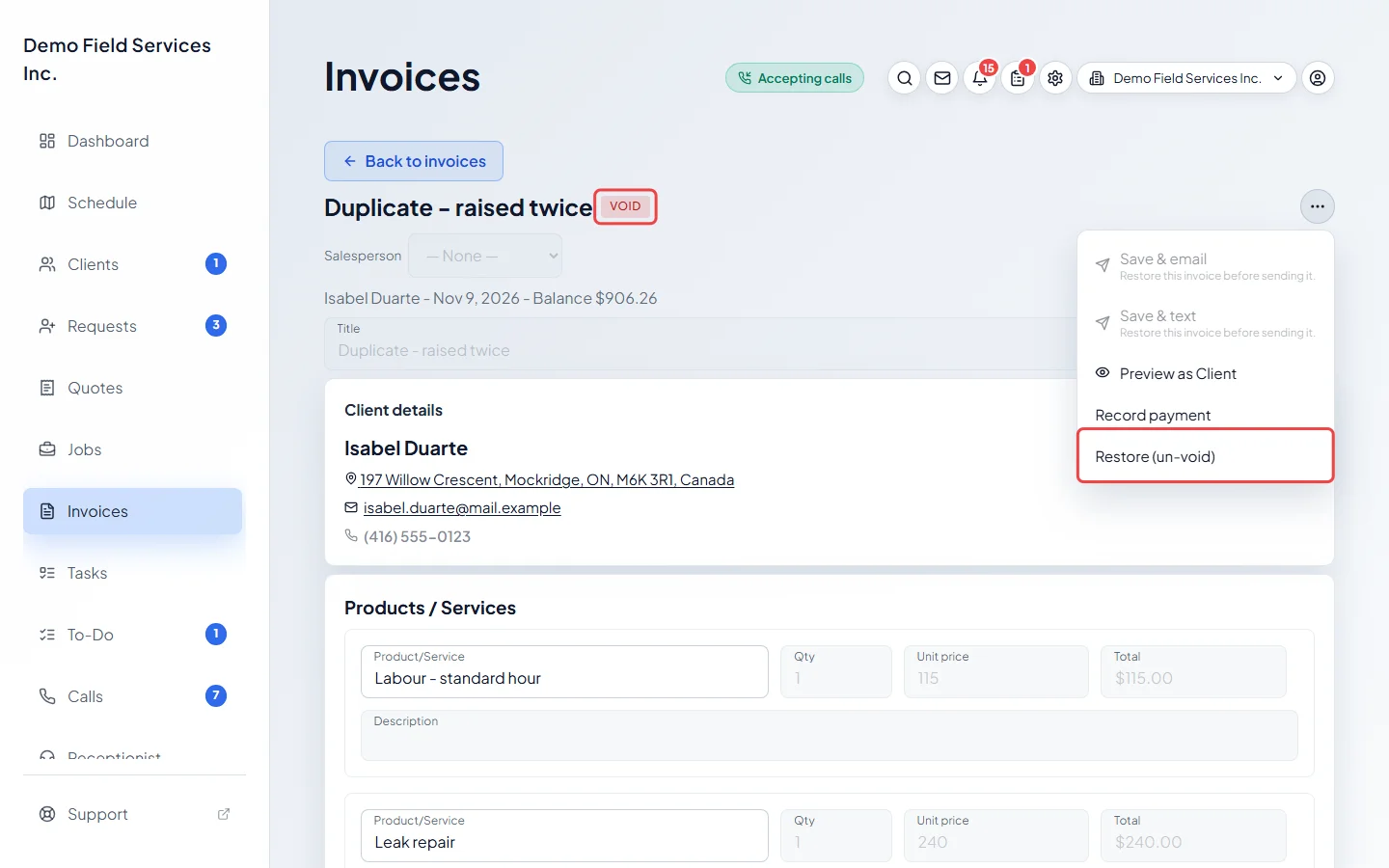 A voided invoice with its Void tag and the Restore (un-void) menu item