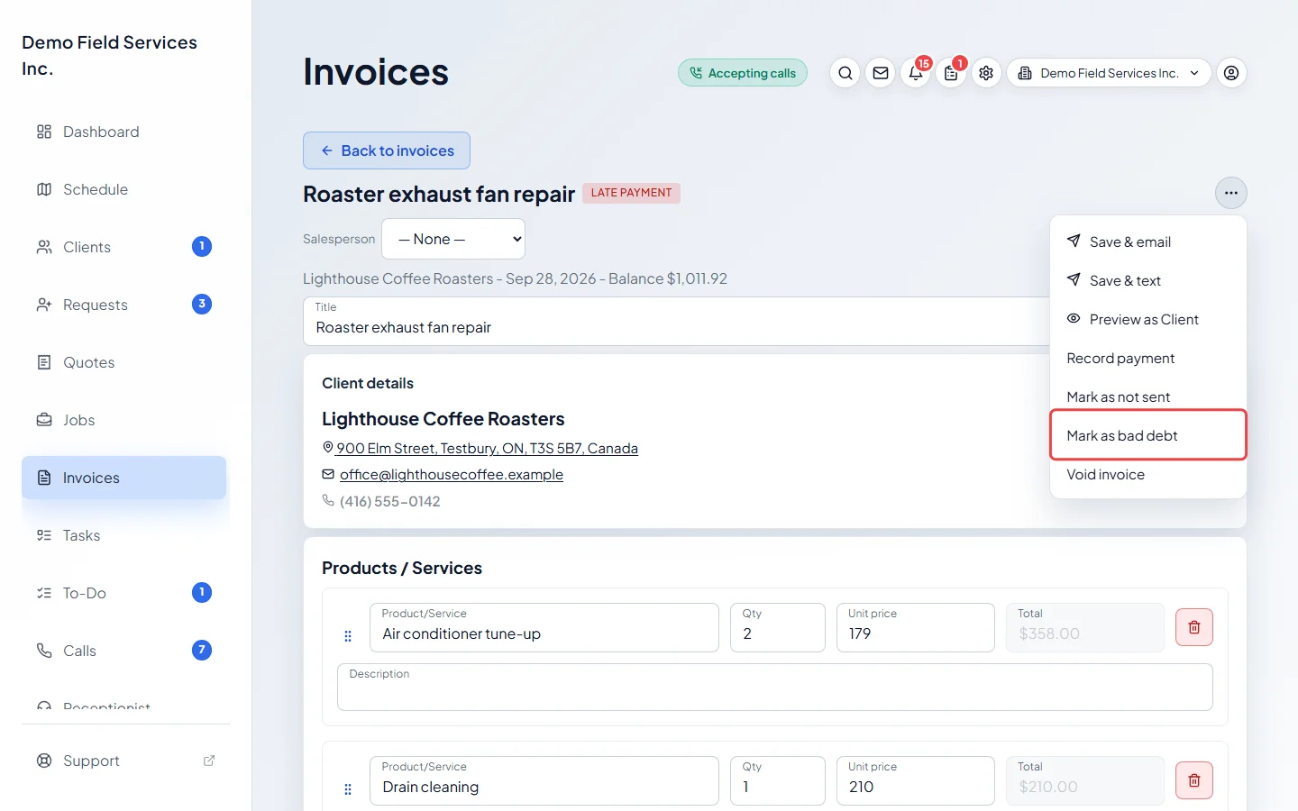 The actions menu on an overdue invoice with Mark as bad debt highlighted