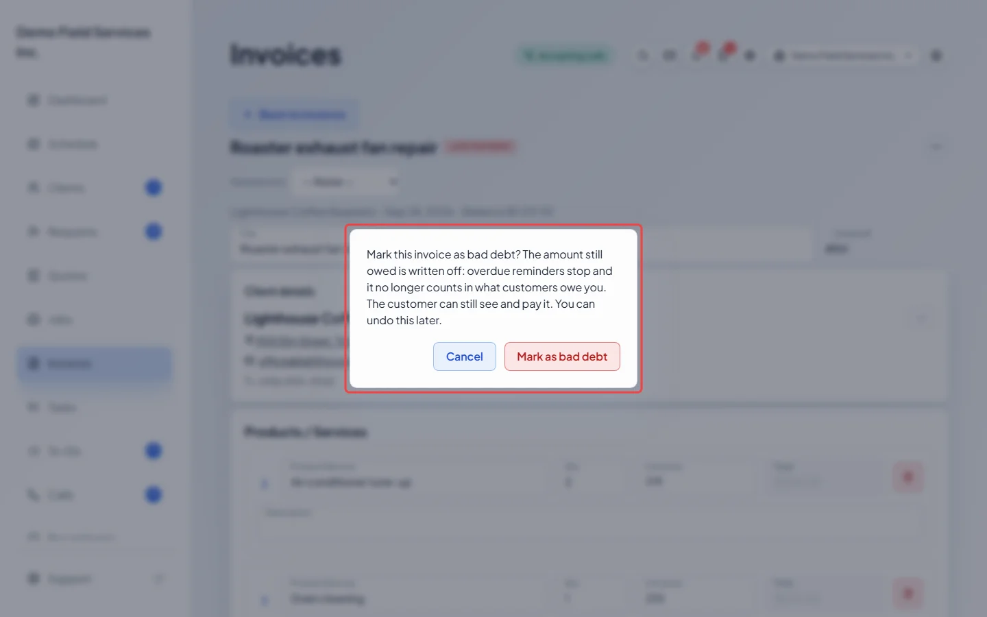 The confirmation for marking an invoice as bad debt