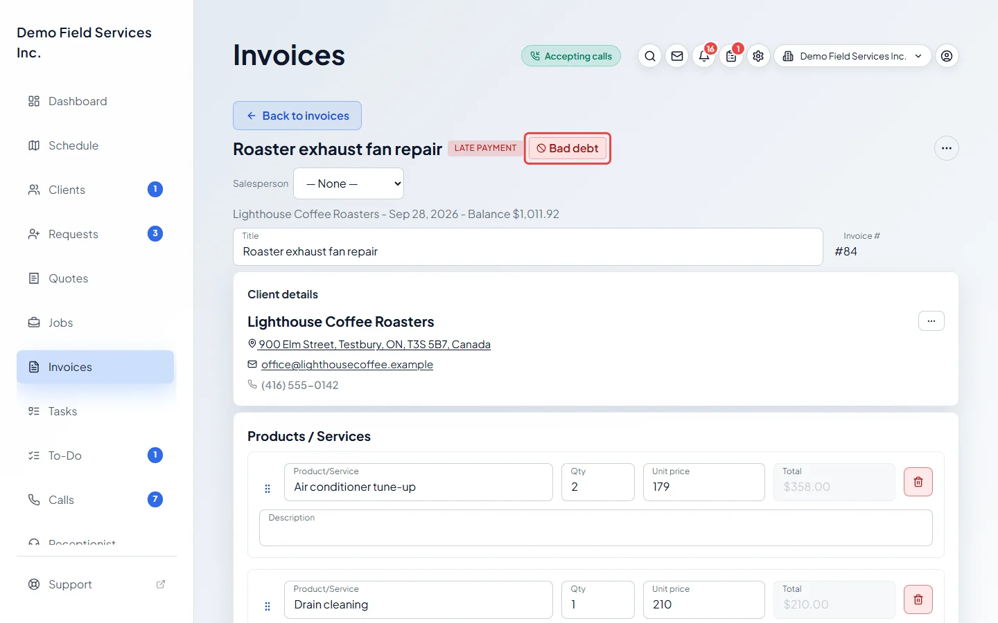 An invoice with the Bad debt tag beside its title