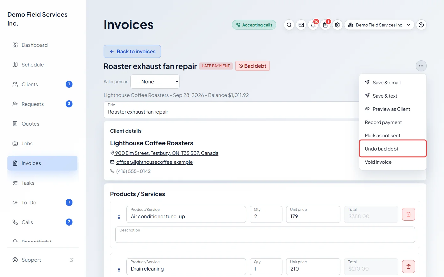 The actions menu on a written-off invoice with Undo bad debt highlighted