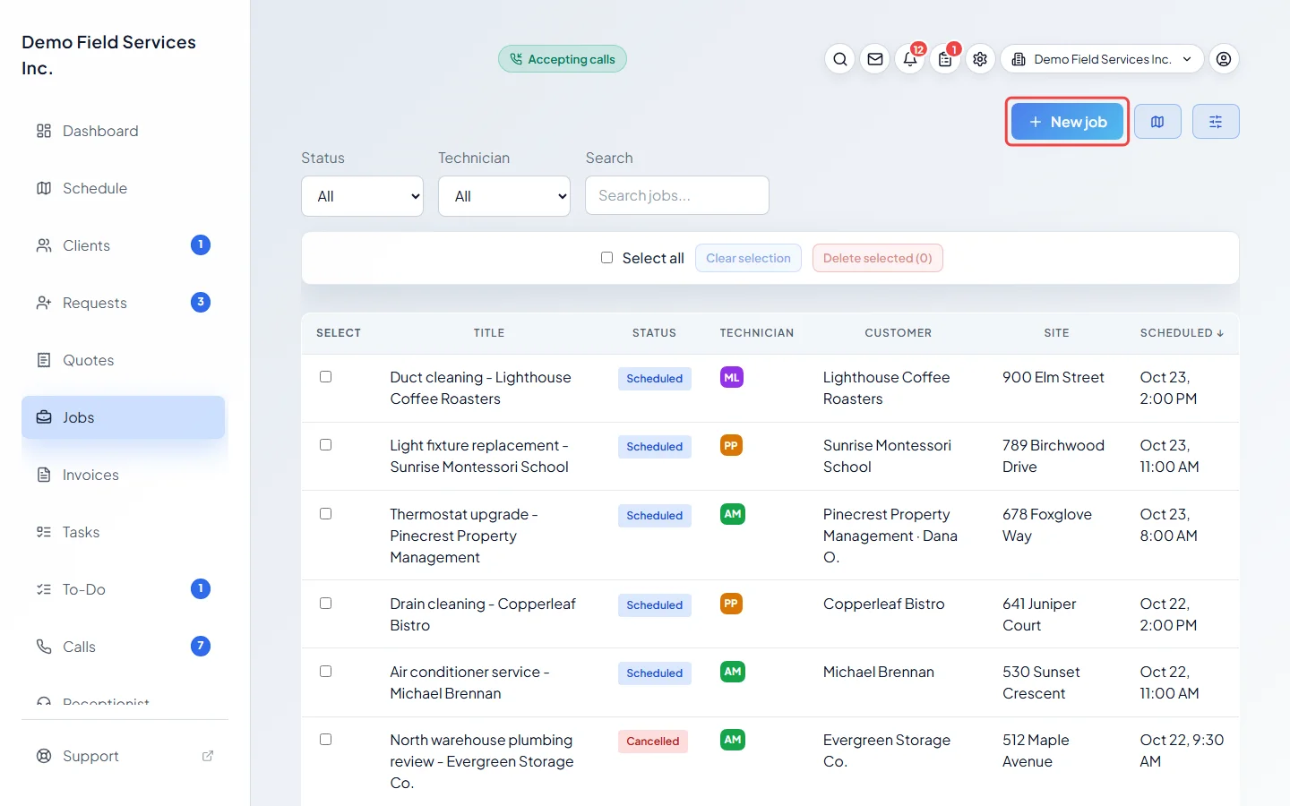 The jobs list with the New job button highlighted