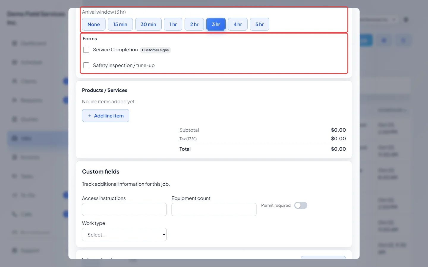 The arrival window choices and the Forms list