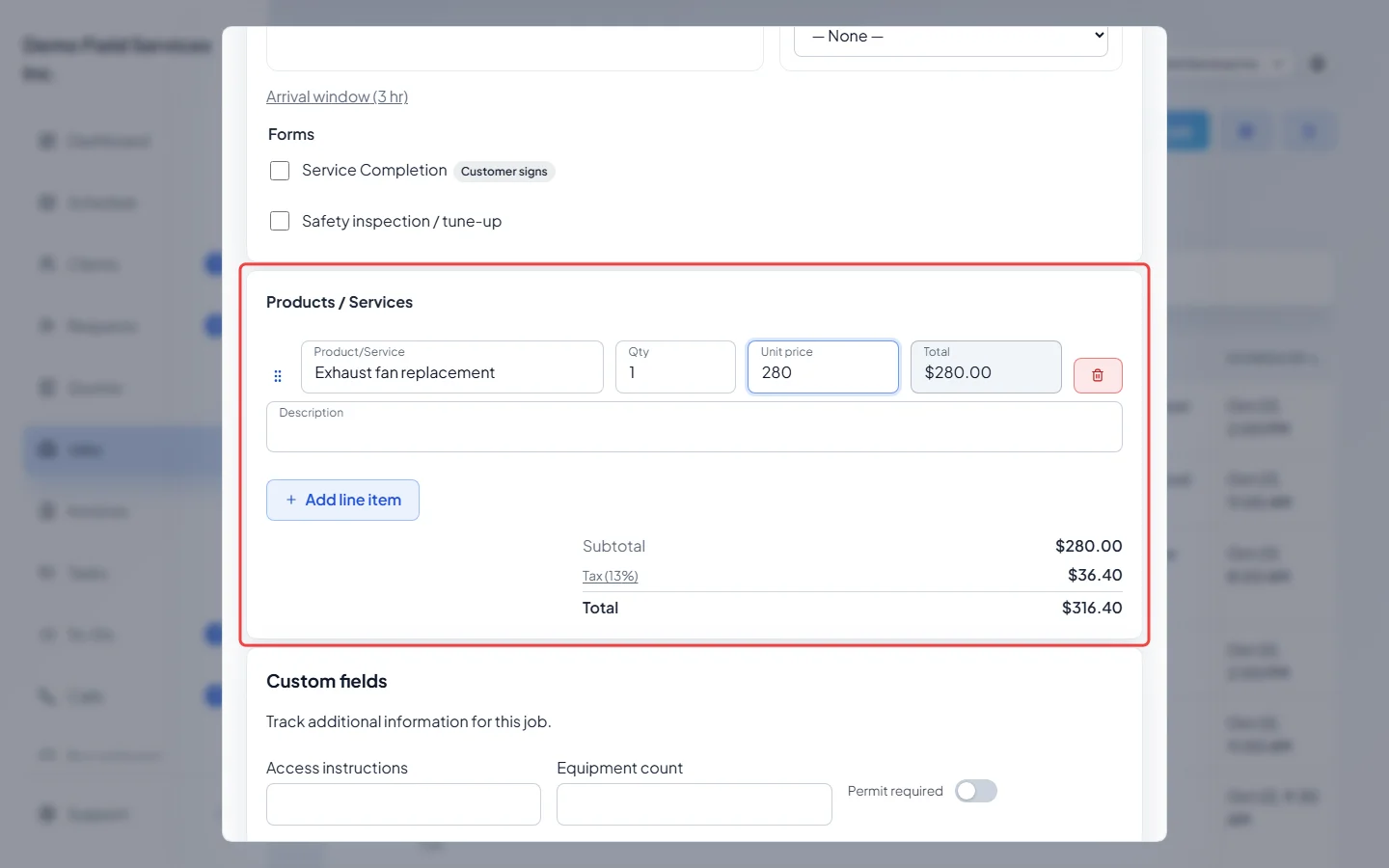 A line item added under Products / Services with the totals