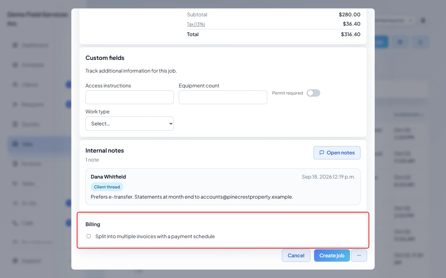 The Billing section with the payment schedule option