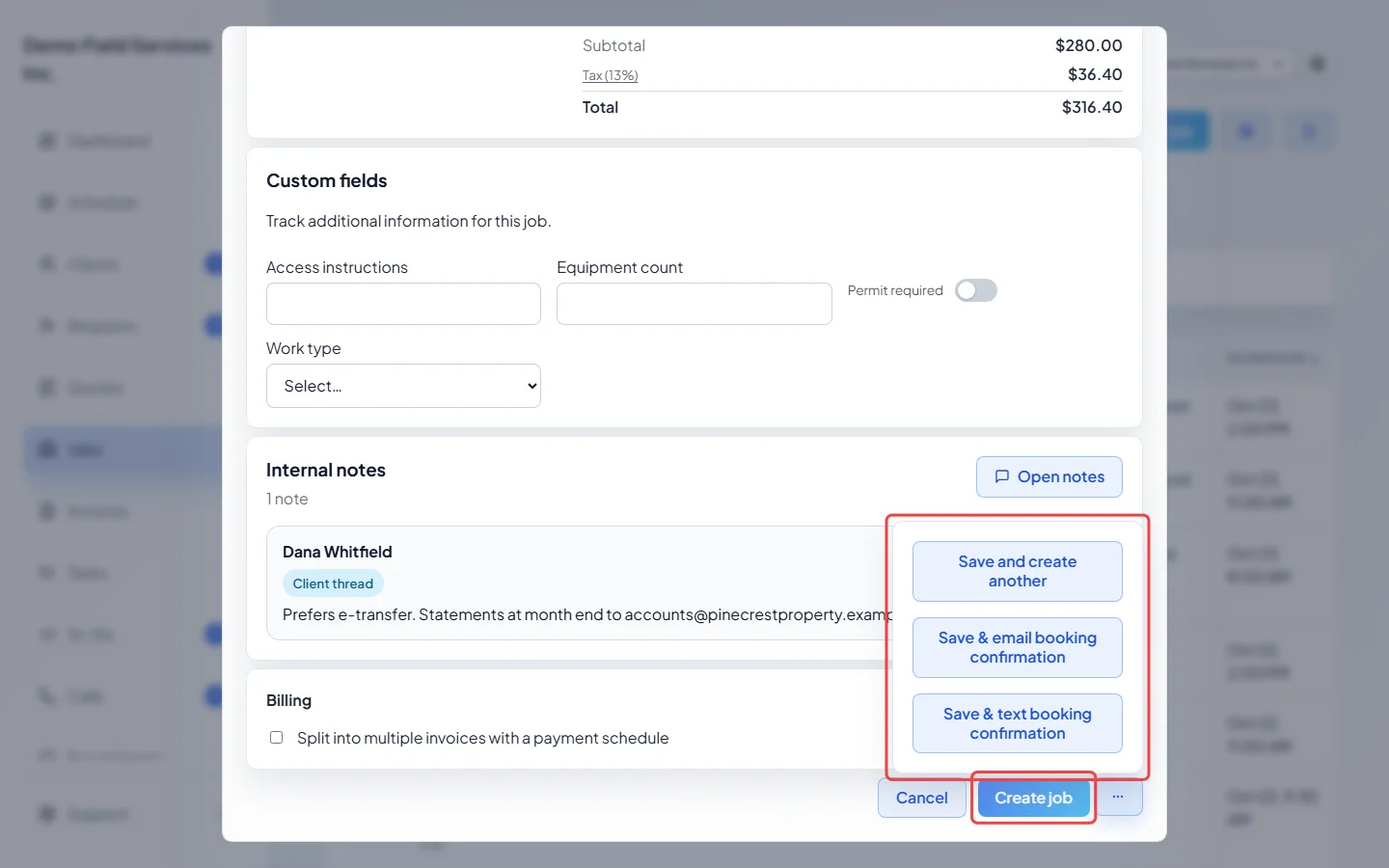 The Create job button and its more actions menu