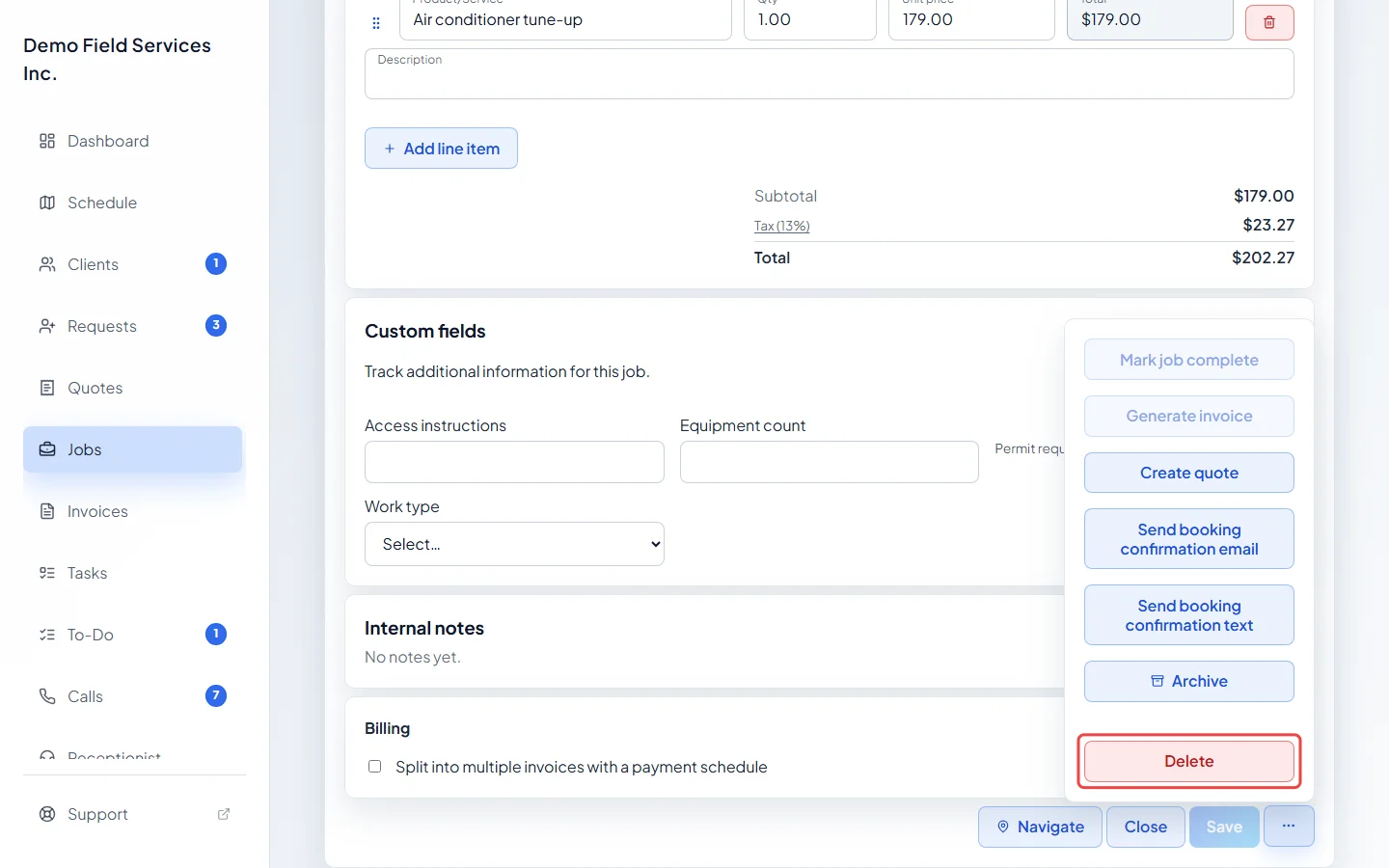 The Delete option in the job's more actions menu