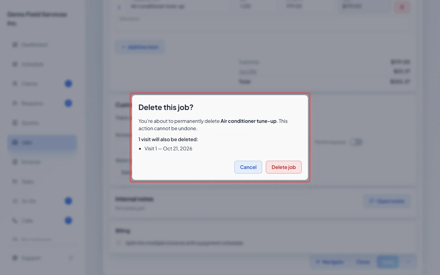 The Delete this job? window listing the job's visits