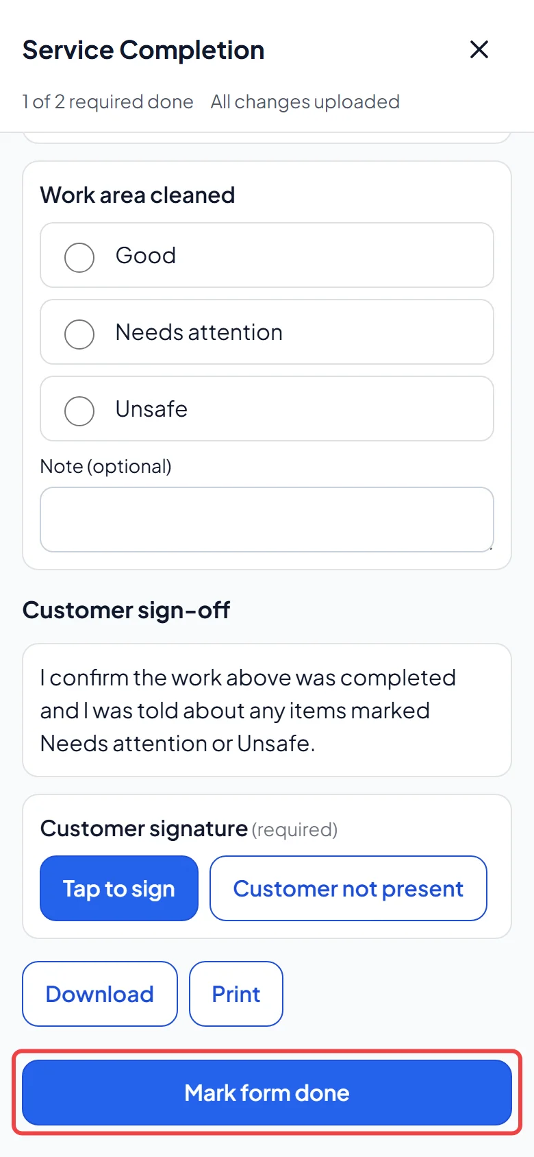 The Mark form done button at the bottom of the form
